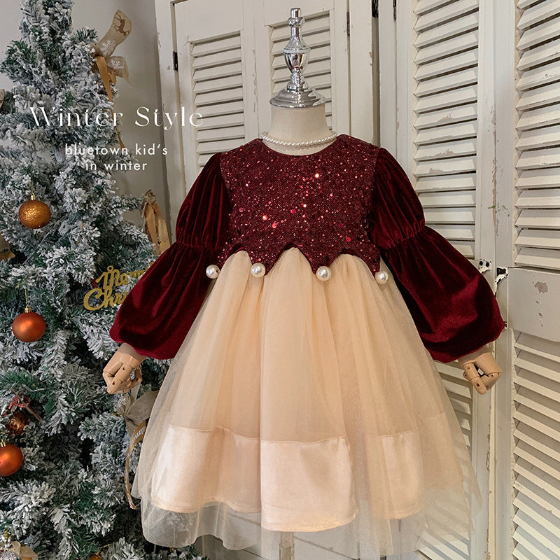 Girls velvet dress children 2025 new foreign style winter princess skirt baby year old red dress skirt