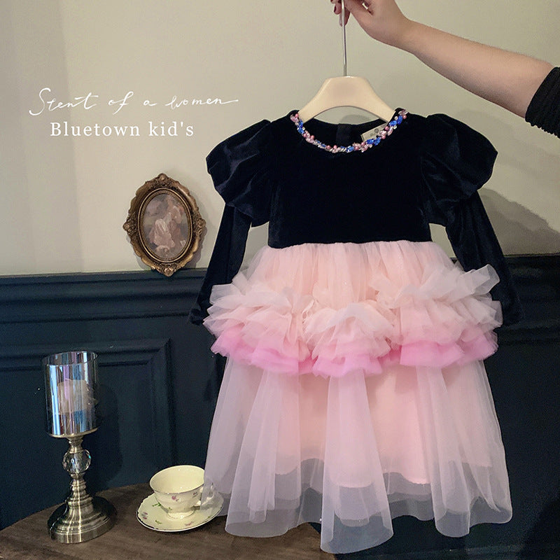 Children's clothing girls velvet bubble sleeve dress autumn and winter children's baby girl mesh velvet princess dress foreign style