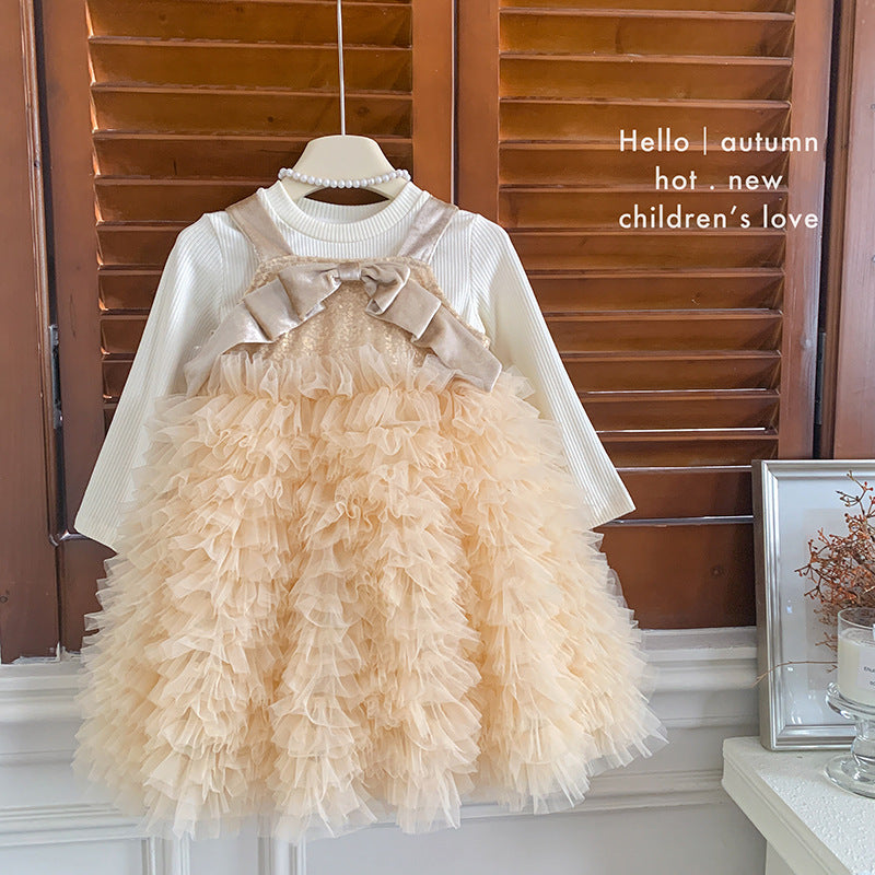 Girls sequined bow dress 2025 autumn new vest princess skirt bottoming top two-piece set