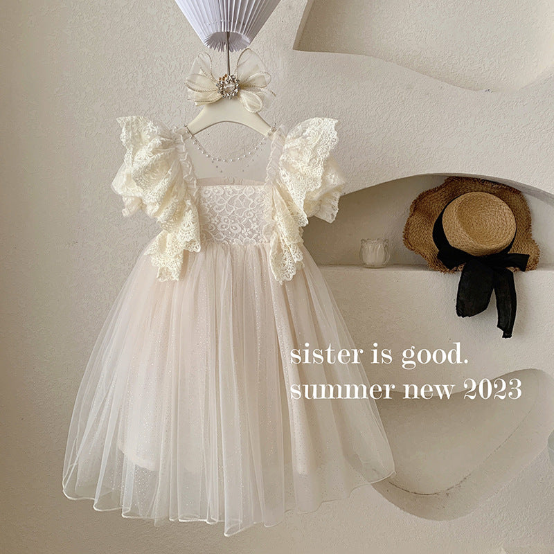 女小童夏装钉珍珠花边仙女裙女宝宝洋气蕾丝泡泡袖蓬蓬网纱公主裙