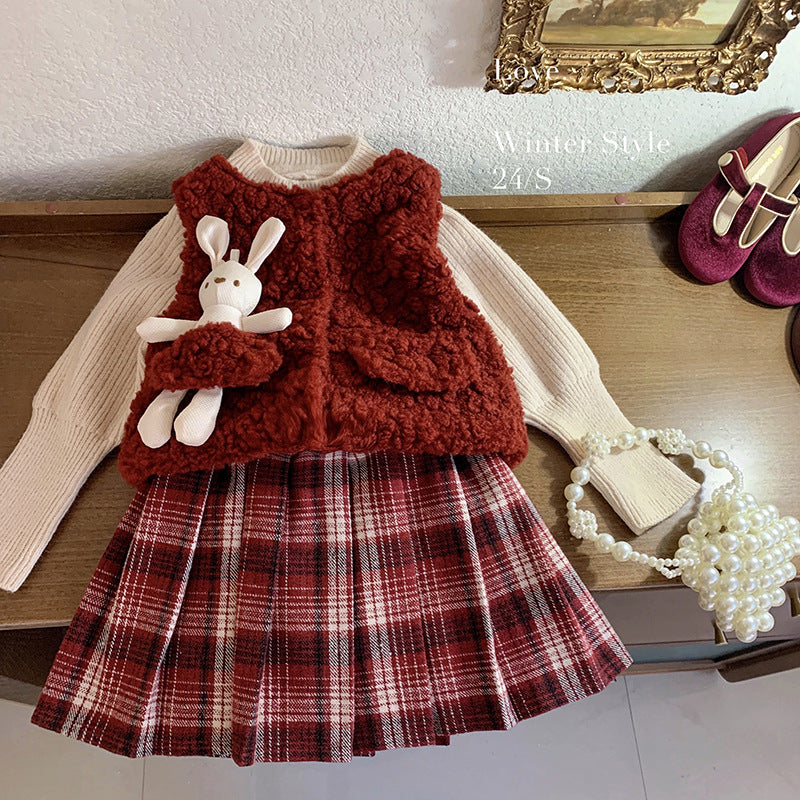 Girls autumn and winter 2025 new fashionable furry thickened vest knitted top plush pleated skirt three-piece set