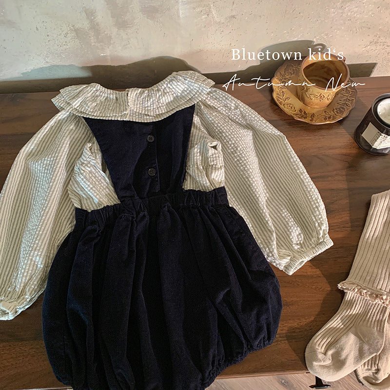 韩版童装2025春秋新款洋气时髦娃娃领条纹衬衫时尚花苞背带裤套装