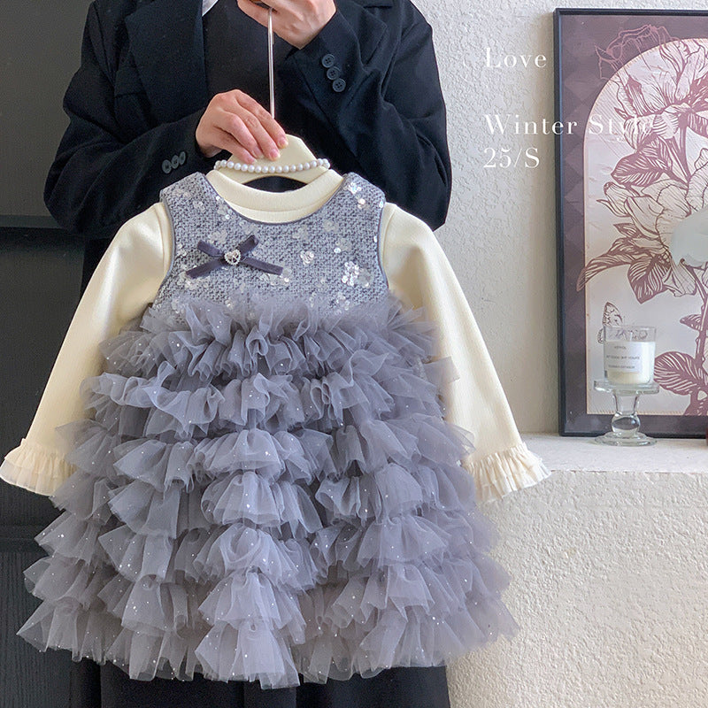 Korean version of girls' winter 2025 new foreign style sleeveless velvet Xiaoxiang fluffy dress with velvet base two-piece set