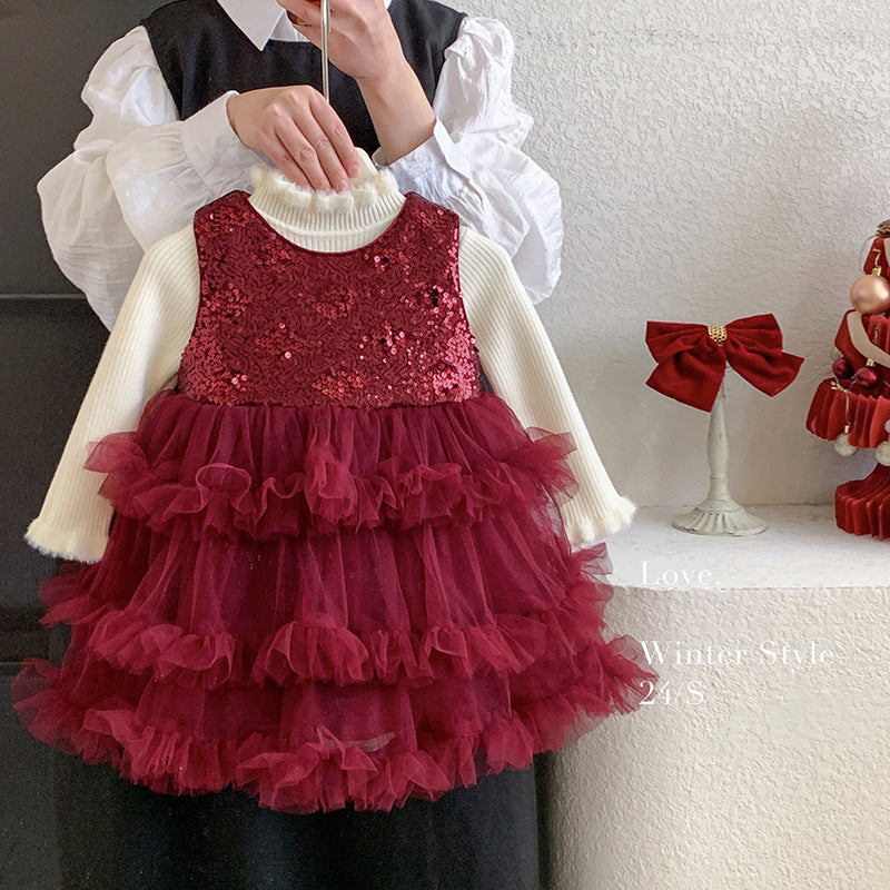 Girls gauze skirt set winter velvet children's layer cake skirt winter baby birthday dress sweater without velvet