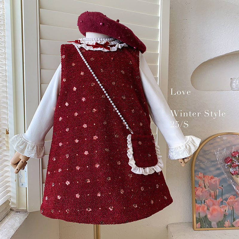 Girls Autumn and Winter Foreign Style Girls Sleeveless Fleece Sequin Fragrant Dress Bottom Fleece Top Two-piece Set