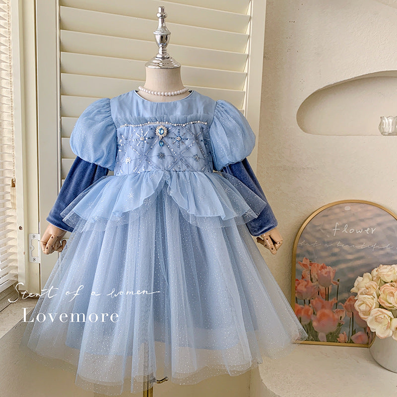 Girls Elsa Princess Dress 2025 Fleece Children's Christmas Dress Children's Baby Winter Elsa Dress