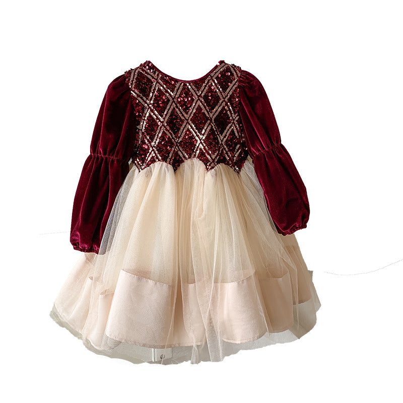 Girls' velvet dress children's clothing 2025 new baby princess dress foreign style children's New Year red skirt fashionable