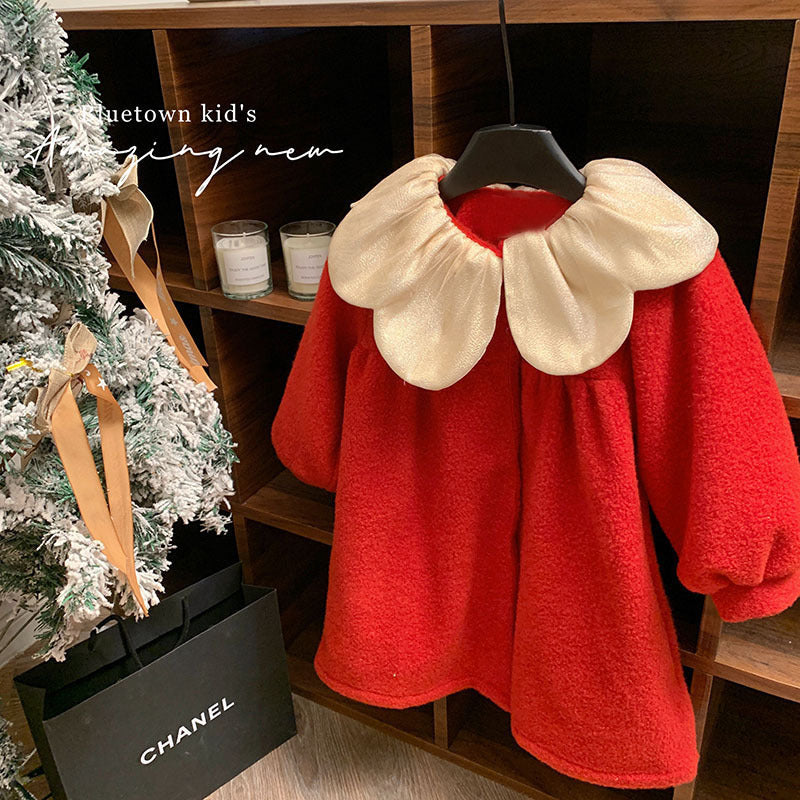 Girls' New Year's greetings red woolen jacket 2025 autumn and winter children's gas doll shirt collar clip cotton coat