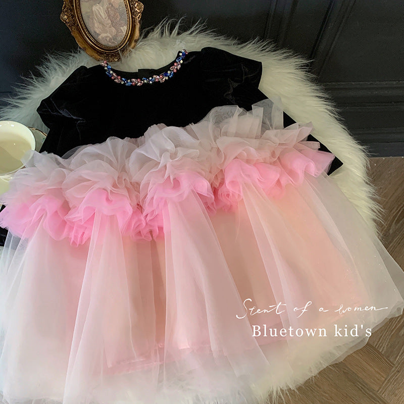 Children's clothing girls velvet bubble sleeve dress autumn and winter children's baby girl mesh velvet princess dress foreign style