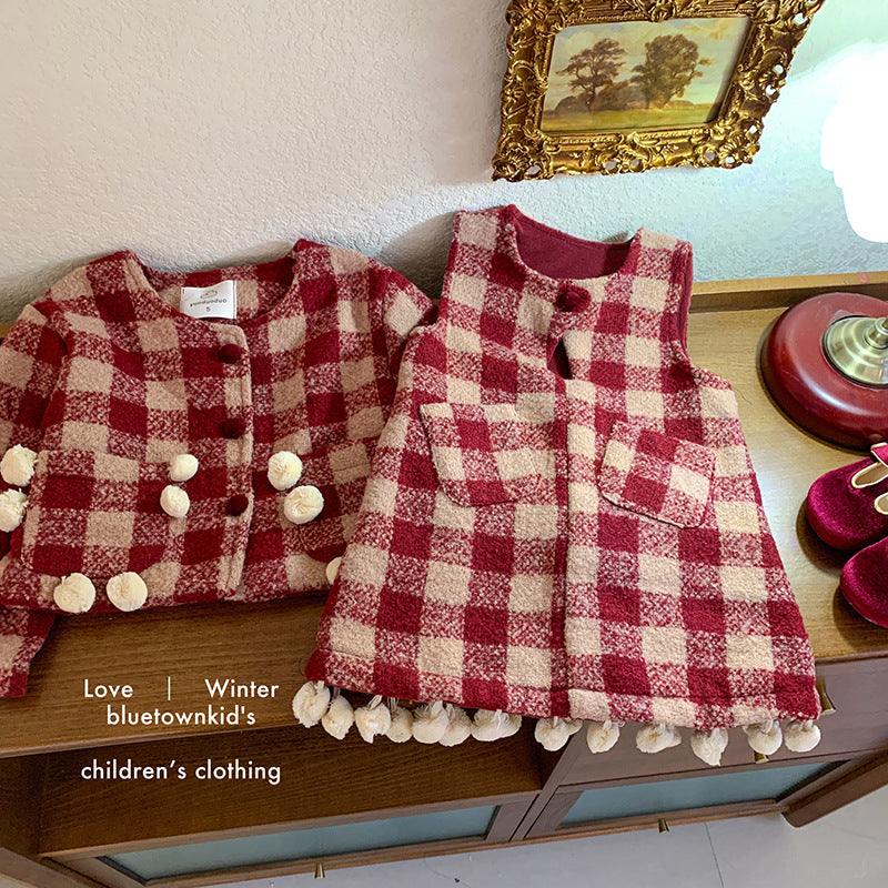 Girls 2025 Winter New Christmas New Year Birthday Xiaoxiangfeng Jacket Vest Skirt Fleece Two-piece Tide Set