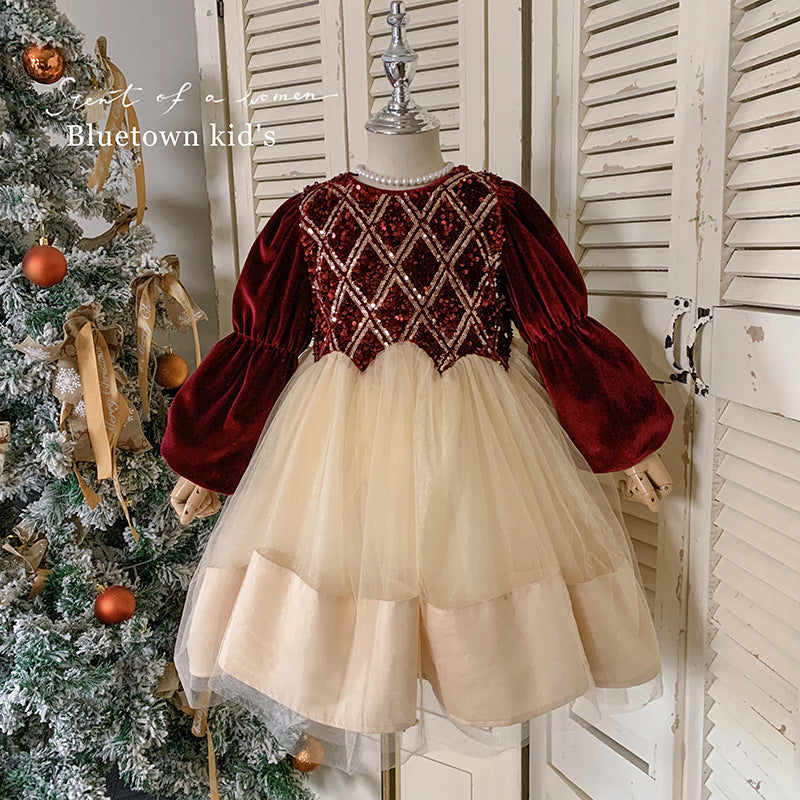 Girls' velvet dress children's clothing 2025 new baby princess dress foreign style children's New Year red skirt fashionable