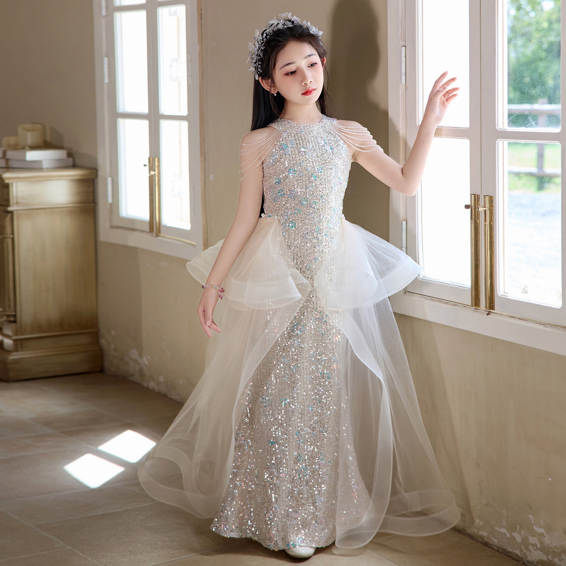 Glamorous Mermaid - Style Kids' Evening Gown for Runway Performances