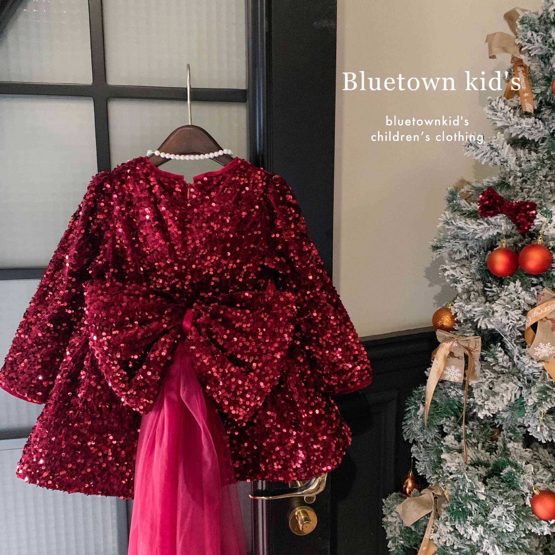 秋季爆闪亮片裙女童公主裙重工小女孩生日裙蝴蝶结拖尾网纱小礼服