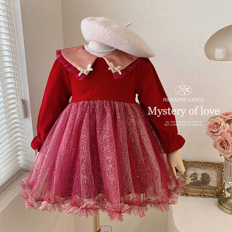 Girls dress autumn and winter new 2025 children's red new year dress skirt girl baby fluffy yarn princess dress
