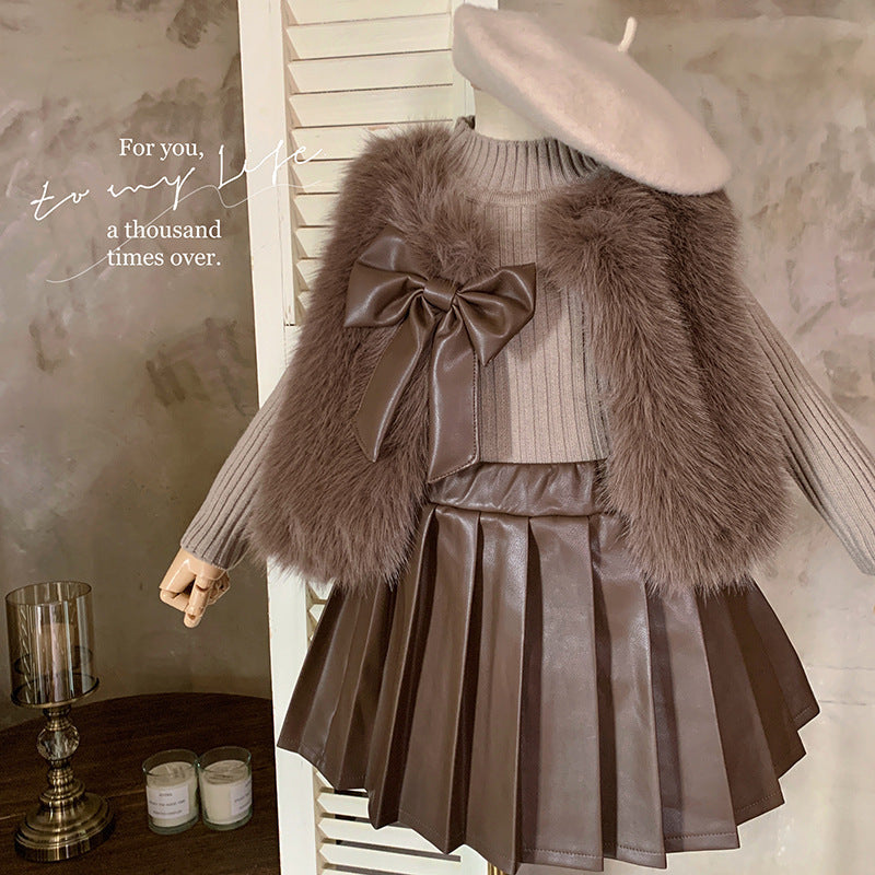 Korean version of girls' suit autumn and winter children's fashion wool sweater jacket + knitted top + plush pleated leather skirt tide
