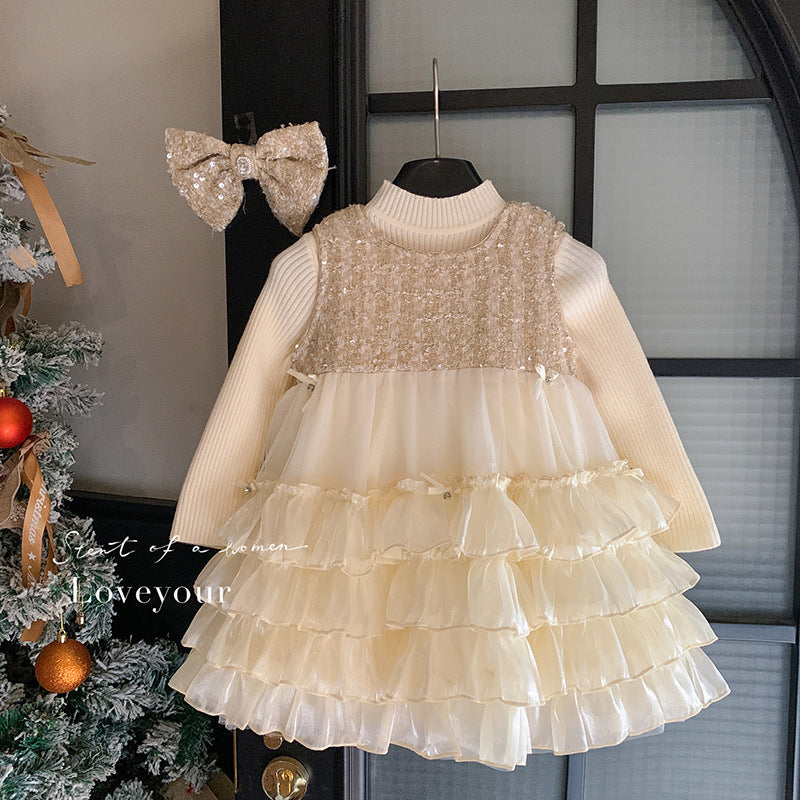 Girls autumn and winter 2025 new sleeveless sequined fleece dress without fleece knitted top two-piece set