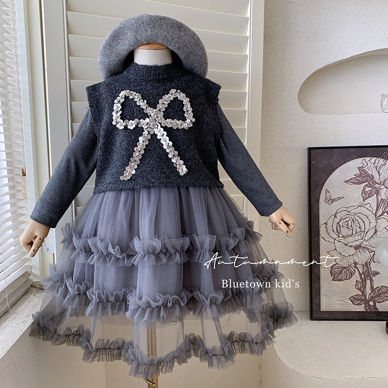 Princess dress girls dress autumn 2025 new foreign style children's skirt wool vest gauze skirt two-piece set