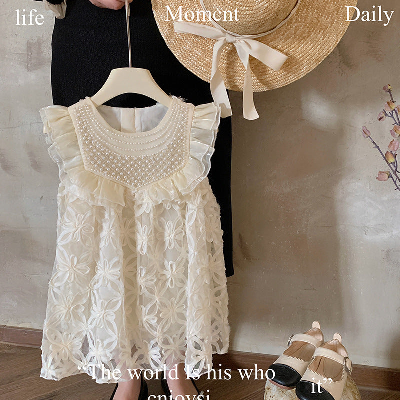 Girls dress 2024 summer new girls vest skirt little girl foreign princess hollow flower skirt