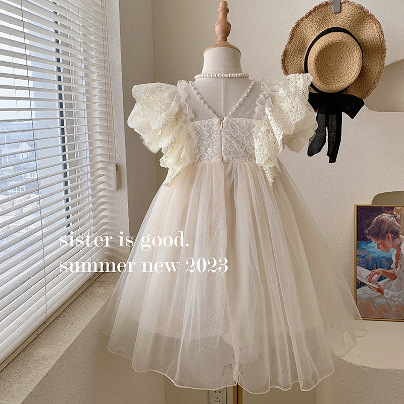 女小童夏装钉珍珠花边仙女裙女宝宝洋气蕾丝泡泡袖蓬蓬网纱公主裙