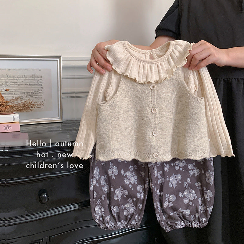 女童针织背心马甲秋季童装花边娃娃领上衣打底衫碎花裤子三套装