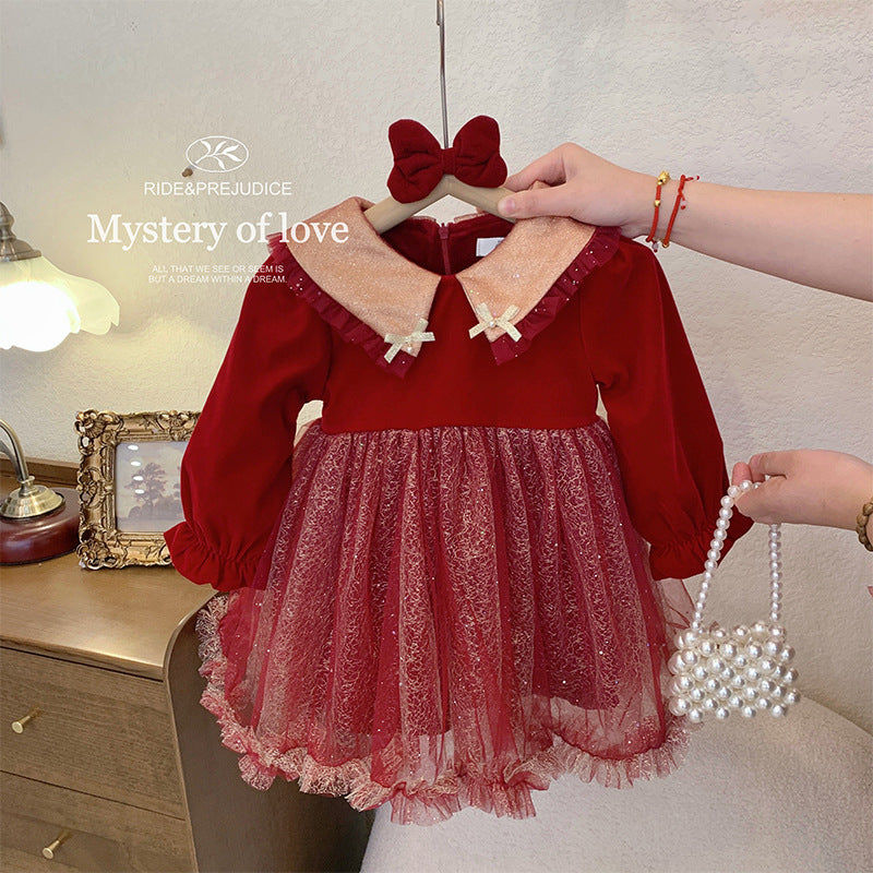 Girls dress autumn and winter new 2025 children's red new year dress skirt girl baby fluffy yarn princess dress