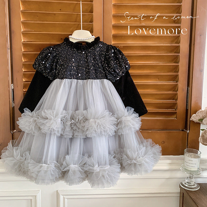 女童公主裙秋冬儿童加绒时尚网纱生日礼服裙蓬蓬裙女孩连衣裙