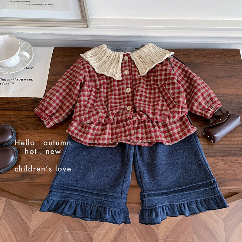 Girls' suit, spring and autumn 2025 new foreign-style baby girl fashionable plaid top, bottoming casual pants three-piece set