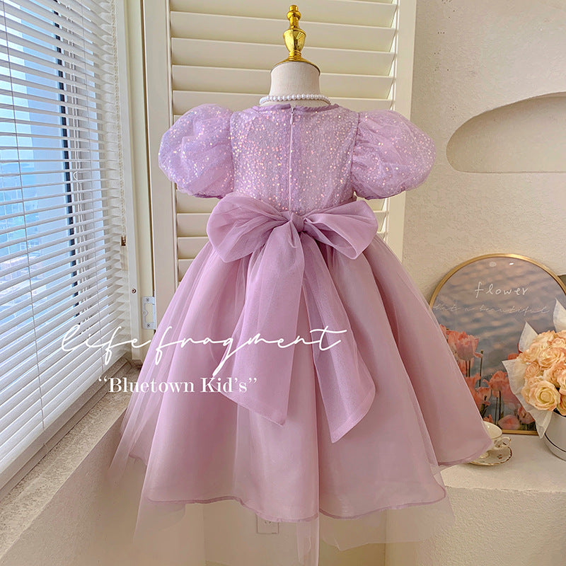 女童连衣裙夏儿童时髦蓬蓬纱礼服裙洋气女孩泡泡袖网纱公主裙