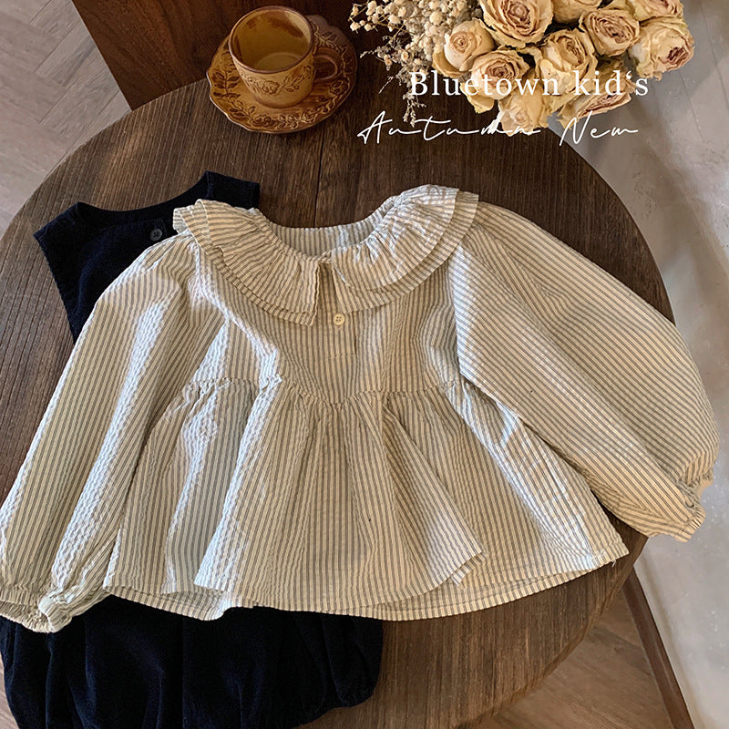 韩版童装2025春秋新款洋气时髦娃娃领条纹衬衫时尚花苞背带裤套装