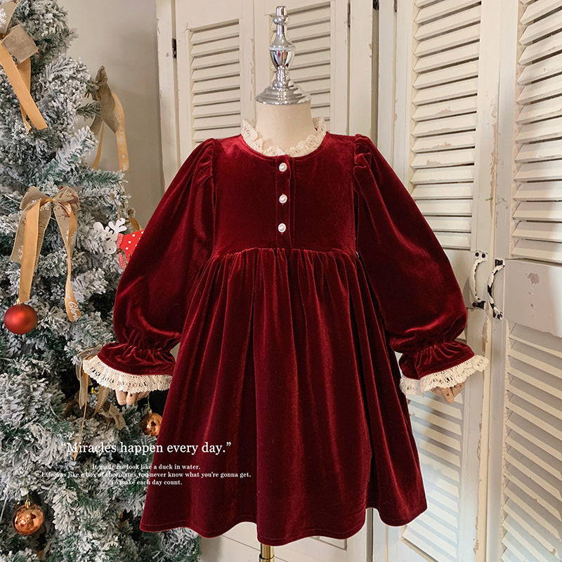 秋冬新款女童丝绒连衣裙宝宝气质蕾丝花边加绒长袖儿童圣诞新年裙