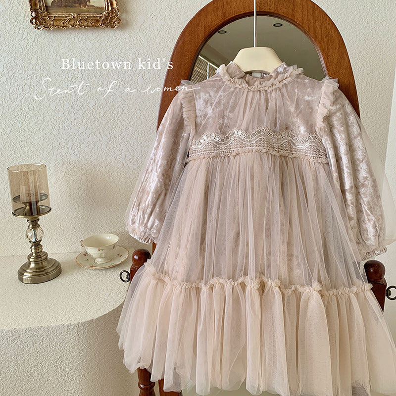 Autumn and winter children's velvet birthday dress baby girl winter dress fluffy yarn princess dress
