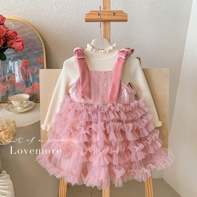 Girls fleece suspender dress winter new sweet girls mesh puffy princess dress without fleece sweater