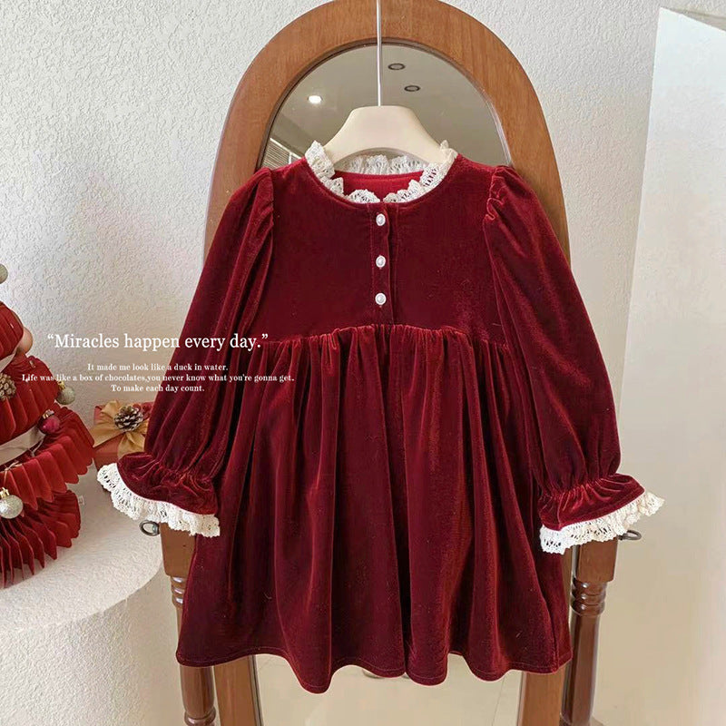 秋冬新款女童丝绒连衣裙宝宝气质蕾丝花边加绒长袖儿童圣诞新年裙