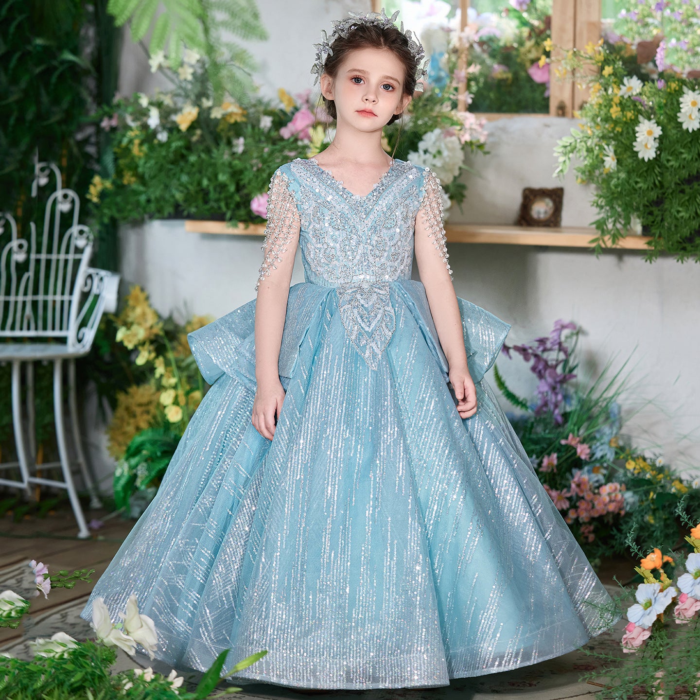 High - end Luxury Kids' Host Evening Gown for Birthday & Piano Performance