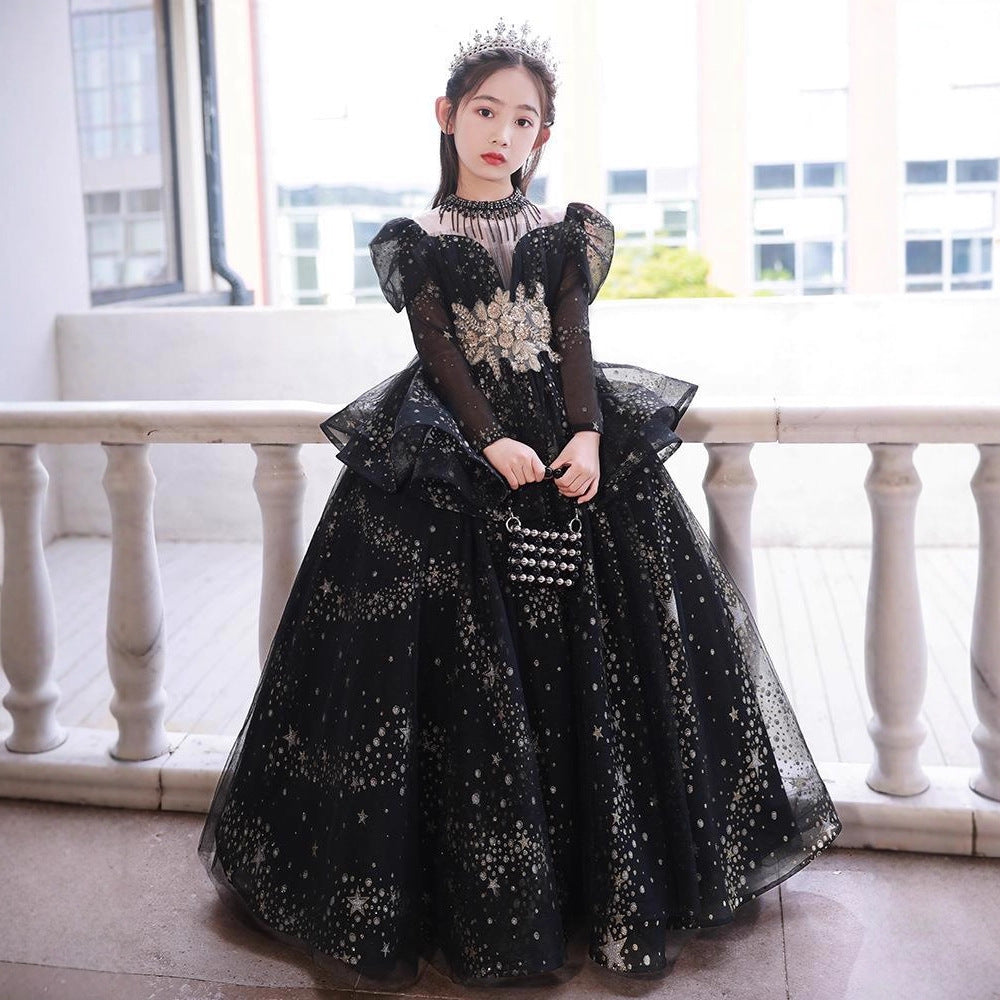 Black Princess Dress: Flower Girl/Host/Catwalk/Piano Performance Outfit for Girls