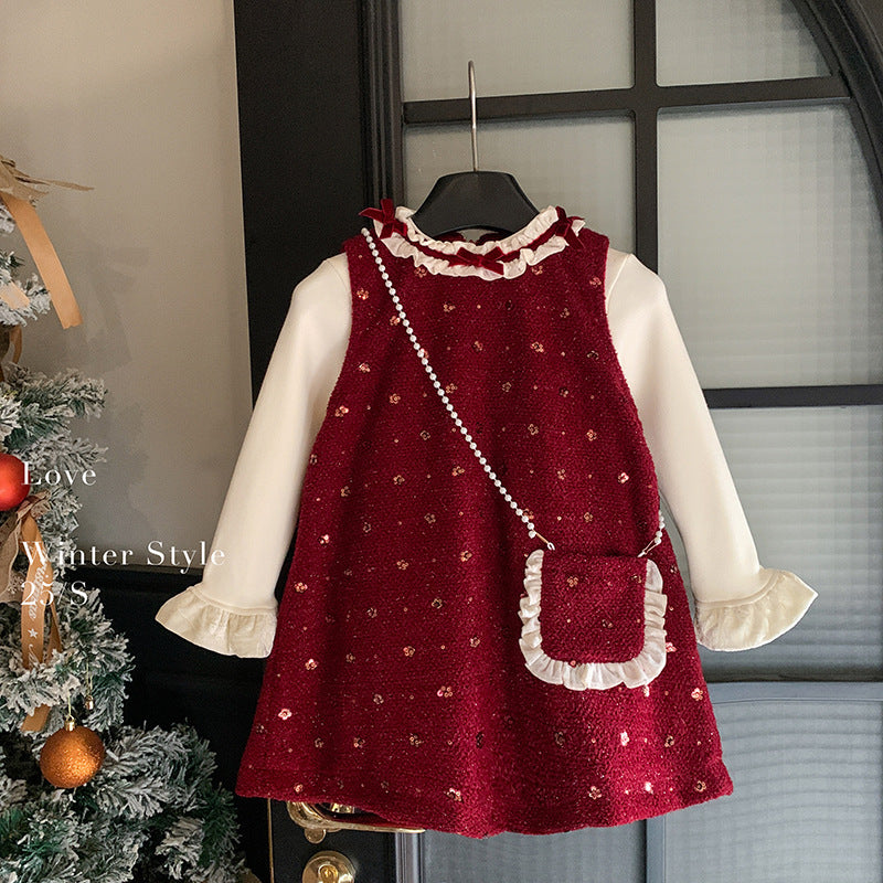 Girls Autumn and Winter Foreign Style Girls Sleeveless Fleece Sequin Fragrant Dress Bottom Fleece Top Two-piece Set