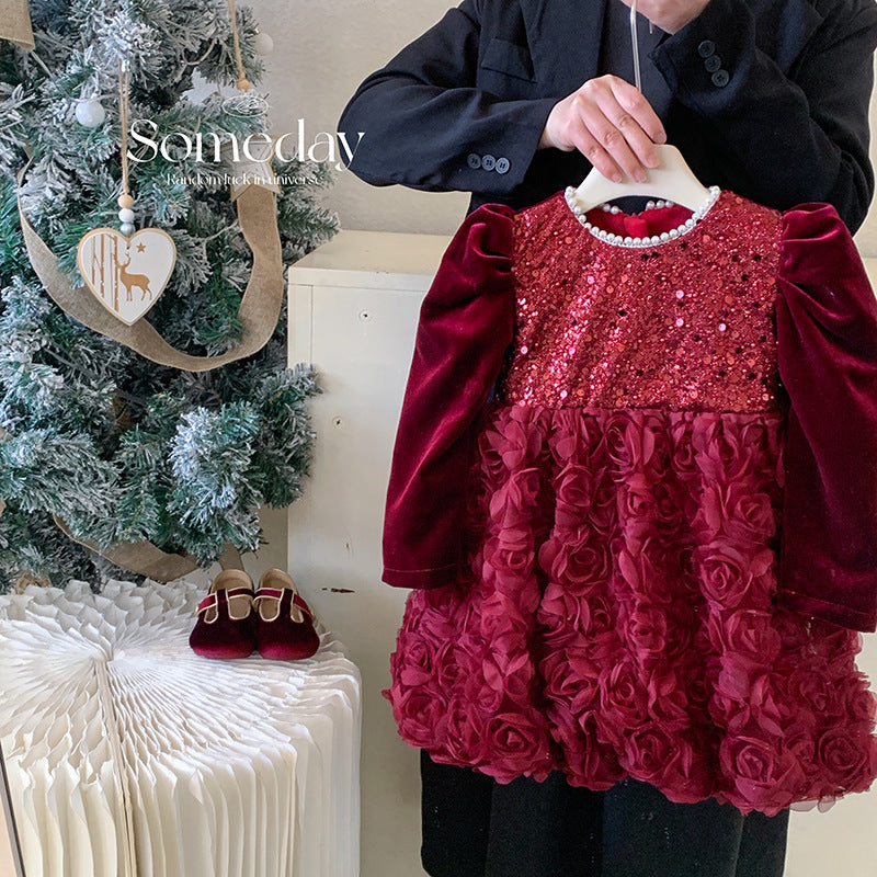 2025新款女童新中式网纱蓬蓬连衣裙女宝宝洋气圣诞加绒亮片公主裙