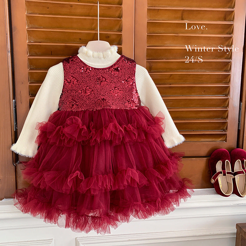 Girls gauze skirt set winter velvet children's layer cake skirt winter baby birthday dress sweater without velvet