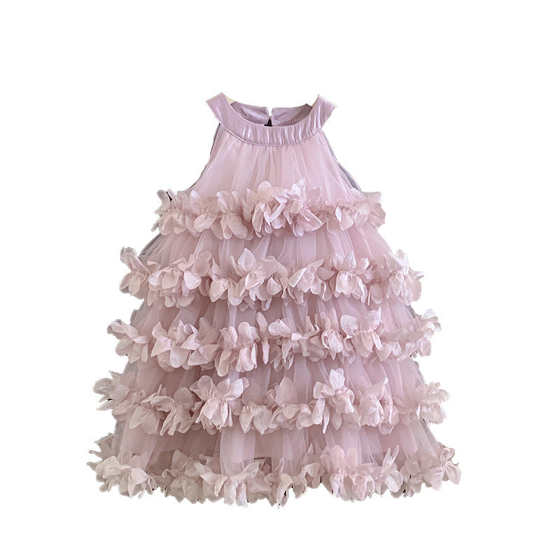 Princess dress girls summer 2025 new fashion neck layer petal fairy dress little girl cake dress
