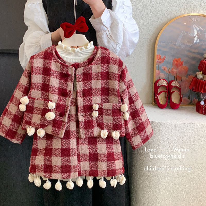 Girls 2025 Winter New Christmas New Year Birthday Xiaoxiangfeng Jacket Vest Skirt Fleece Two-piece Tide Set