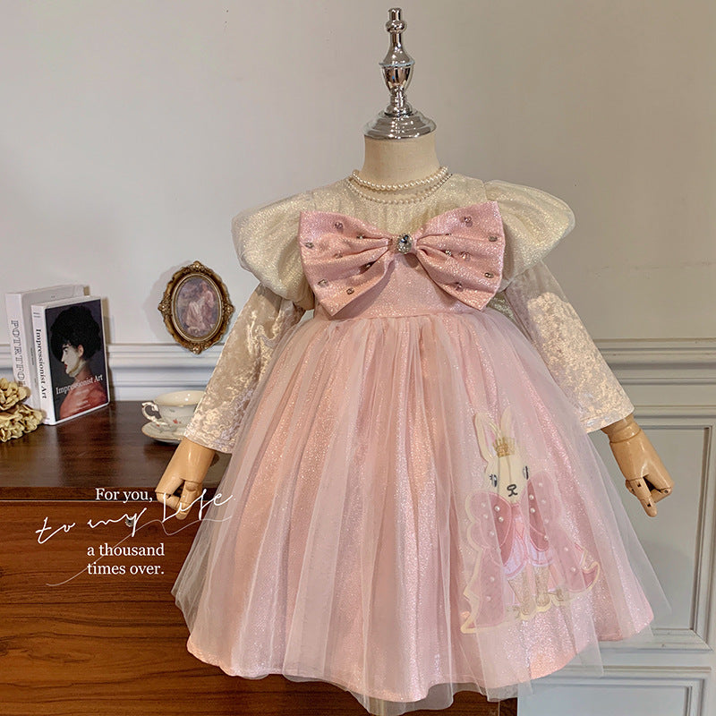 Korean version of girls' autumn bow sweet dress 2023 new children's mesh princess dress birthday dress dress dress