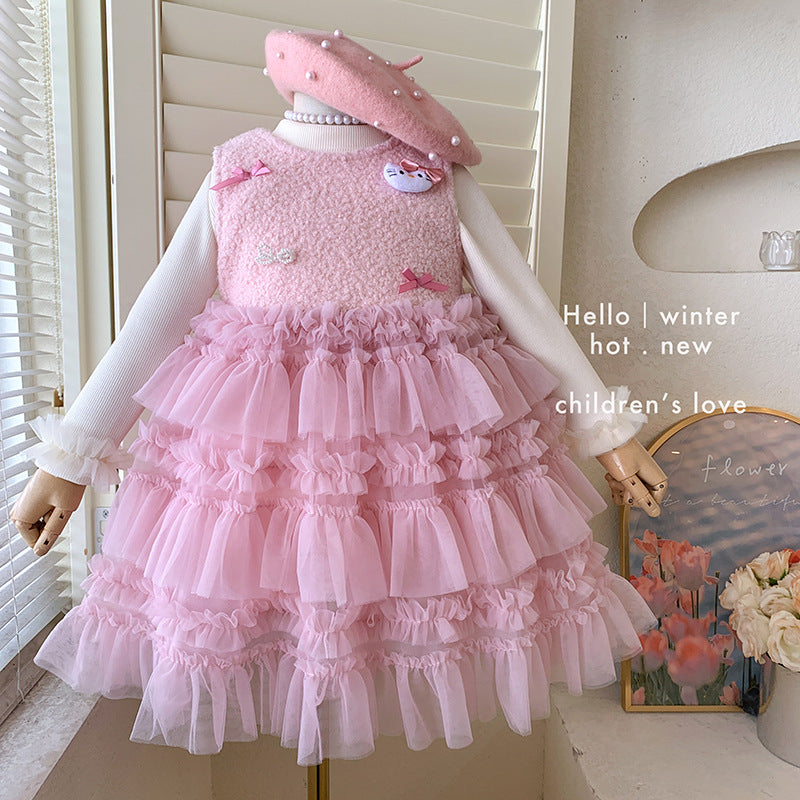 Girls dress winter 2025 new velvet primer sleeveless velvet kt cat cake dress two-piece set