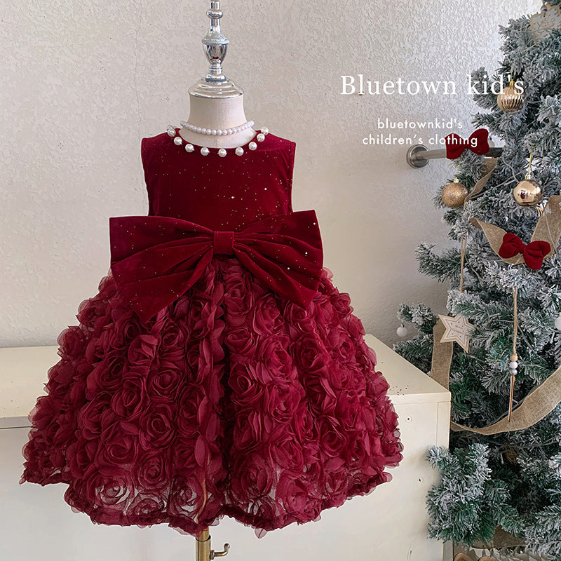 Winter children's velvet dress vest skirt baby foreign style velvet red princess skirt
