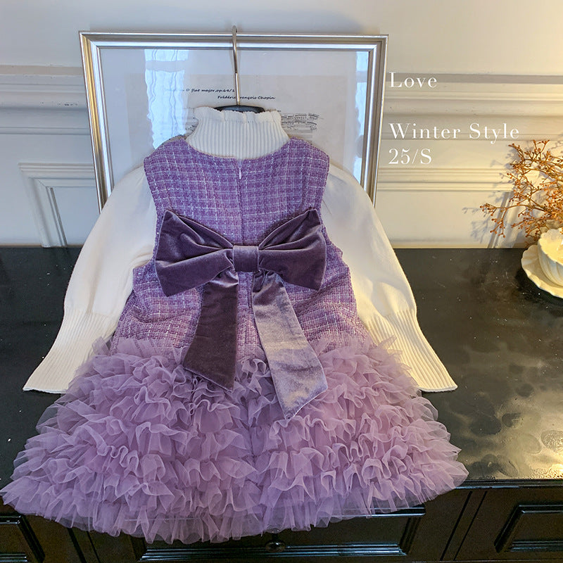 Korean version of girls' autumn and winter sleeveless back bow velvet small fragrant vest skirt without velvet knitted top two-piece set