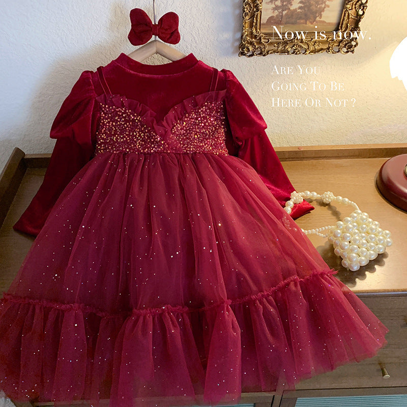 Girls dress Korean version winter children's foreign style velvet princess dress girls velvet red new year dress skirt