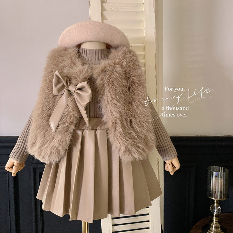 Korean version of girls' suit autumn and winter children's fashion wool sweater jacket + knitted top + plush pleated leather skirt tide