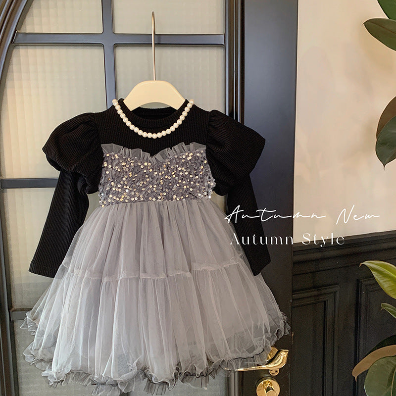韩版童装女童秋季连衣裙儿童高级感网纱公主裙小女孩灰色礼服裙