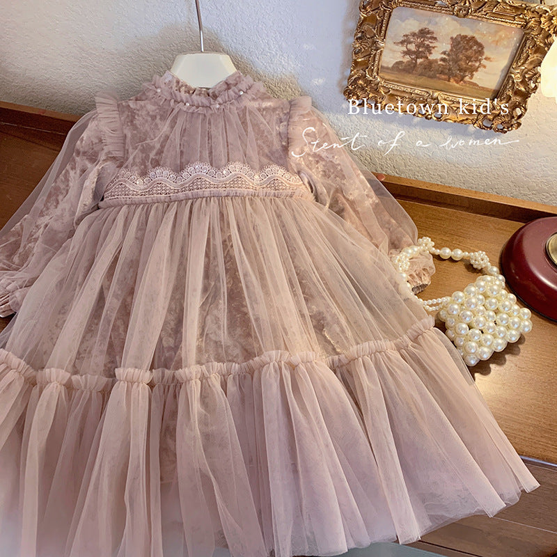 Autumn and winter children's velvet birthday dress baby girl winter dress fluffy yarn princess dress