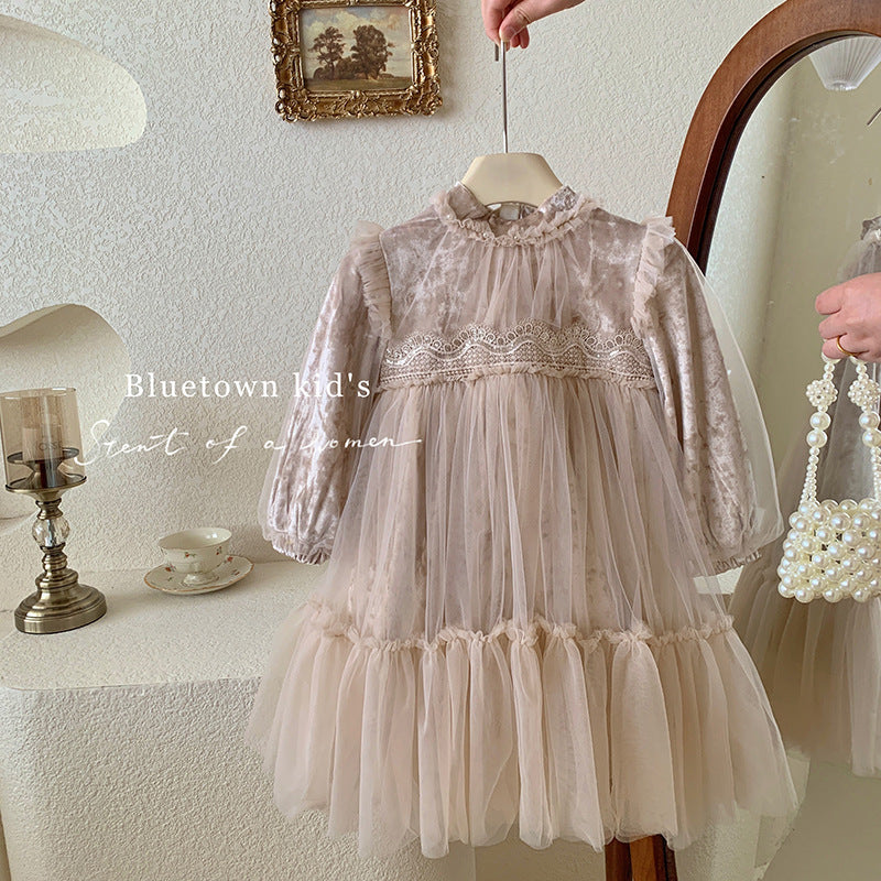 Autumn and winter children's velvet birthday dress baby girl winter dress fluffy yarn princess dress