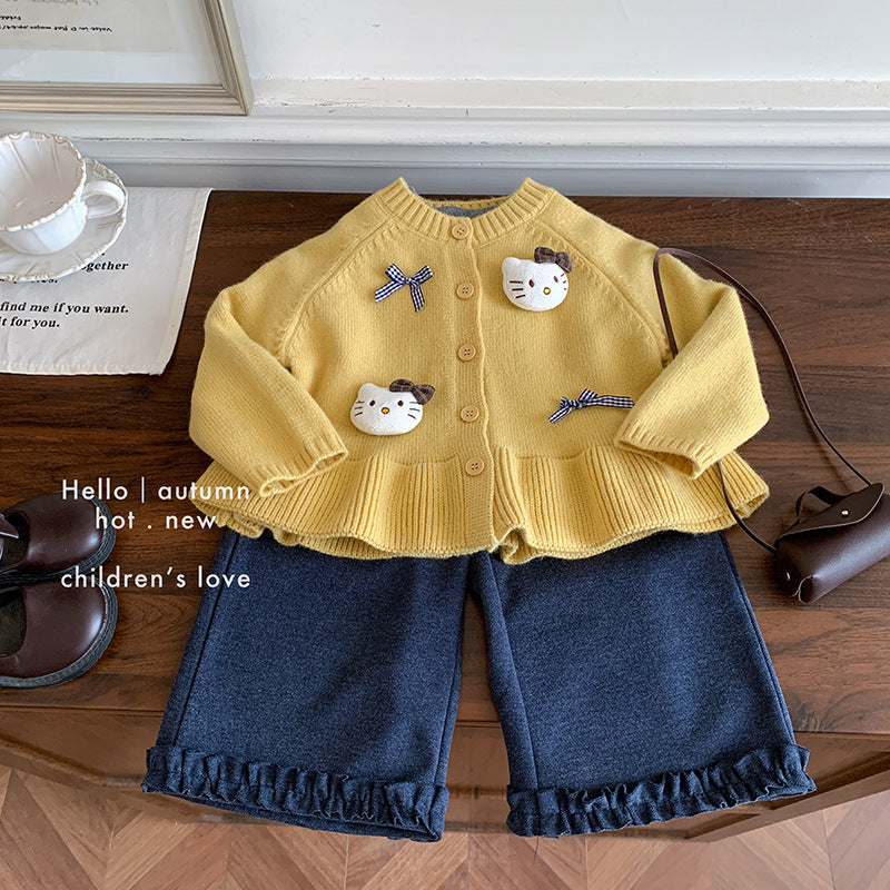 Girls' knitted vest, lace doll collar top, and wide-leg pants three-piece set for autumn children's clothing